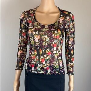 Vintage Josie Black Sheer Mesh Geisha Print Scoop Neck Top
